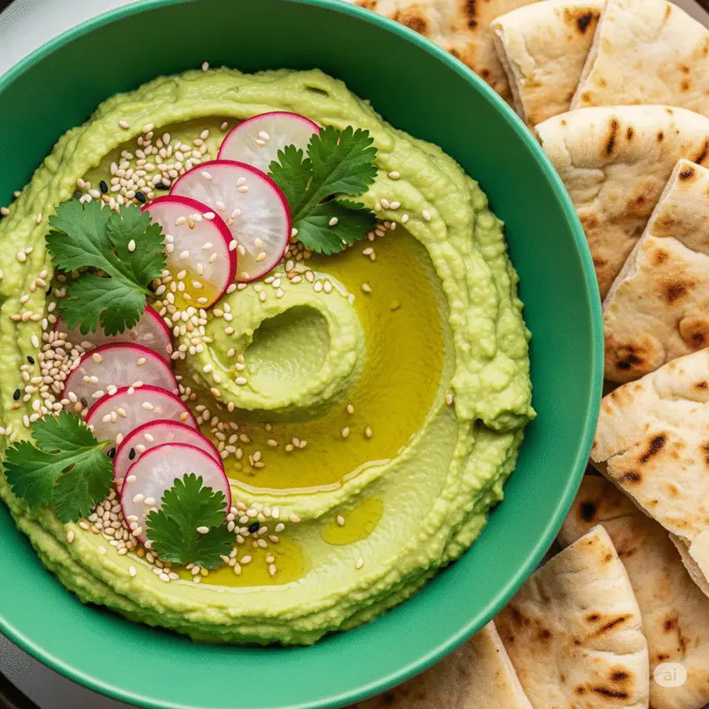 Creamy Avocado Hummus with Warm Pita